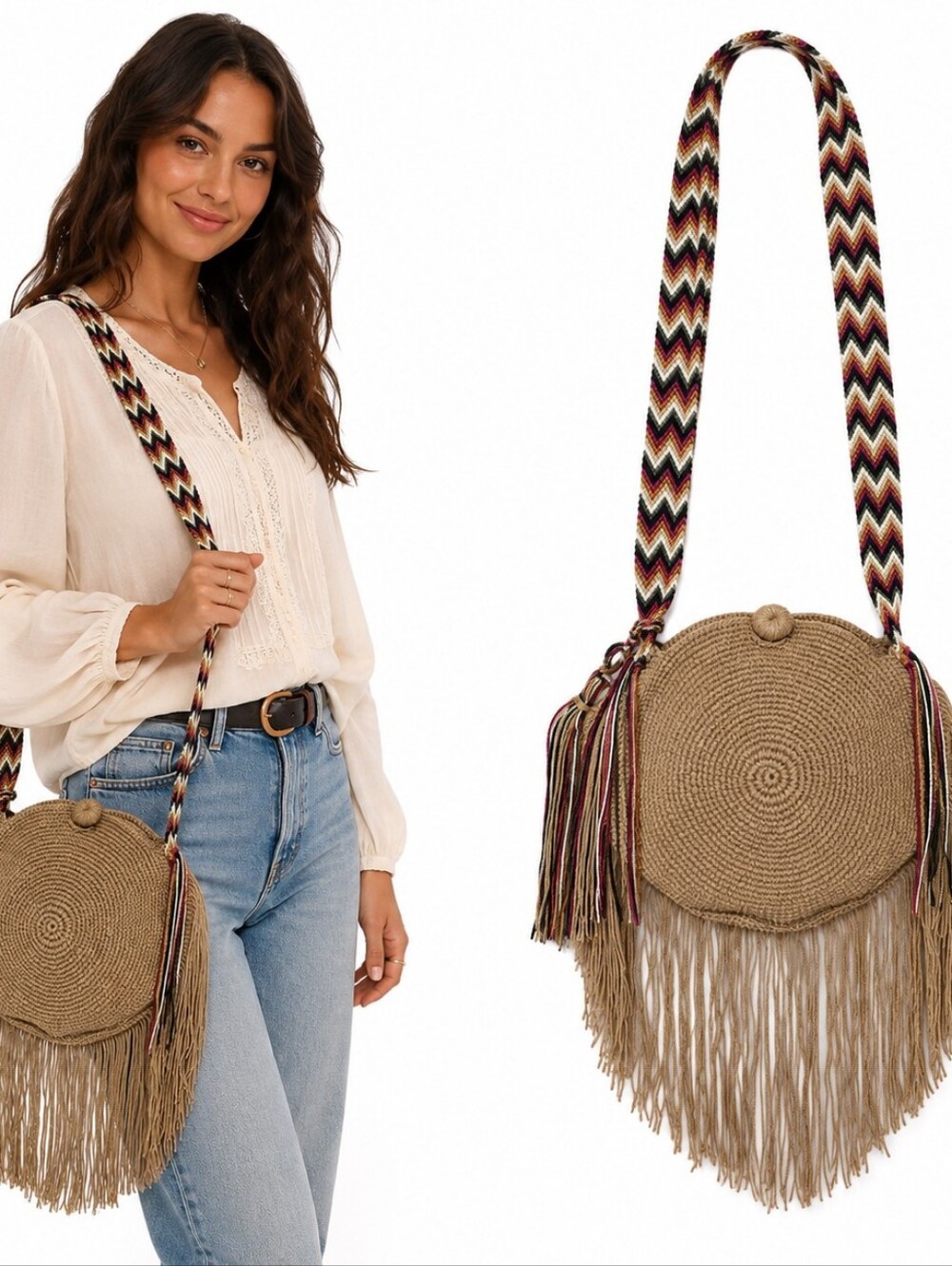 Authentic Wayuu Crochet Round Crossbody Bag Fringe Boho Neutral Straw Mochila